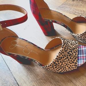 Jessica Simpson Leopard and Buffalo Plaid Chunky Heels
